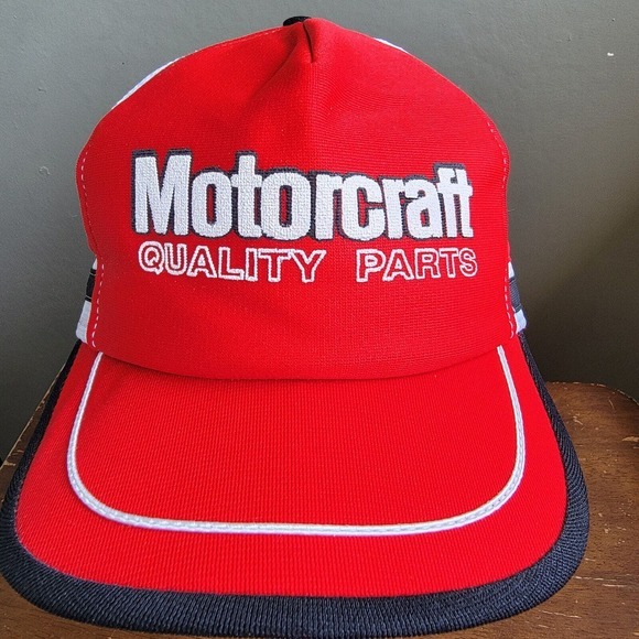 Vintage‎ Motorcraft Quality Parts Three Stripe Mesh Snapback Trucker Hat Cap Red - Picture 1 of 9